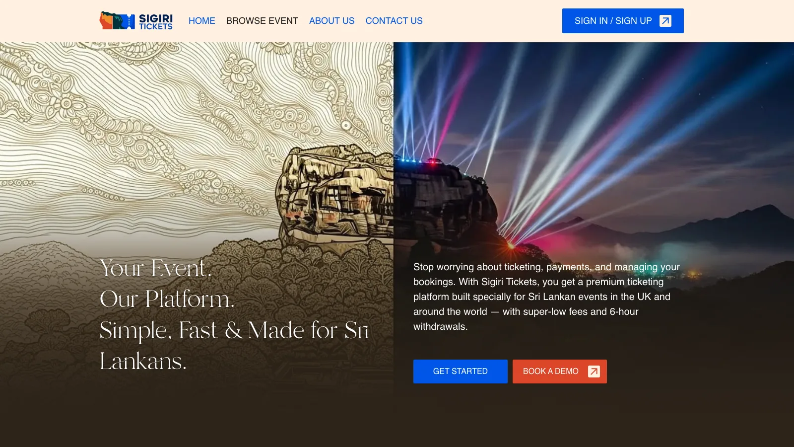 Sigiri Tickets homepage on desktop: "Your Event. Our Platform."