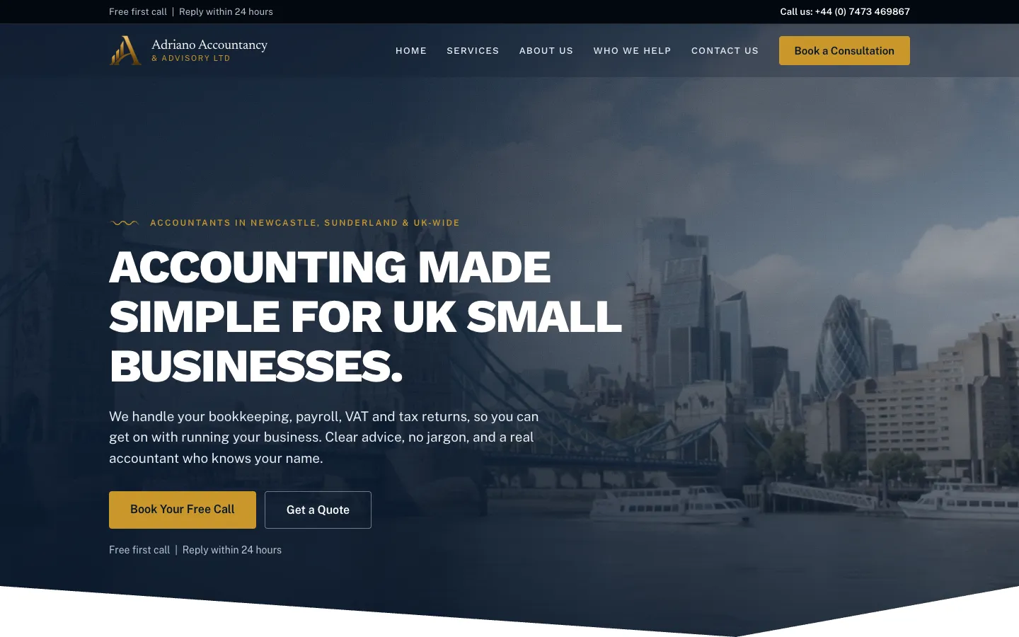 Adriano Accountancy website homepage on desktop