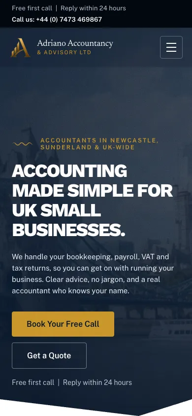 Adriano Accountancy website homepage on mobile