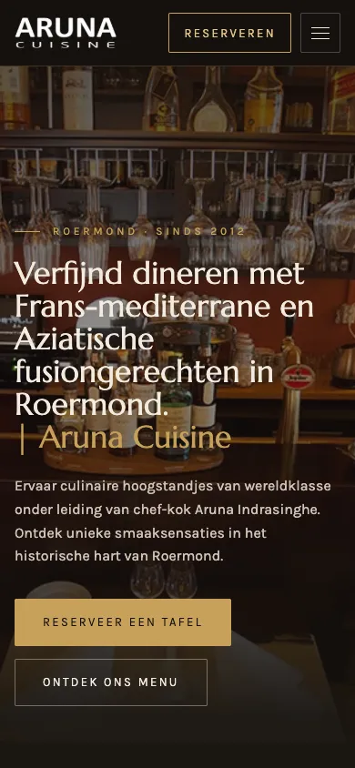 Aruna Culinair website homepage on mobile