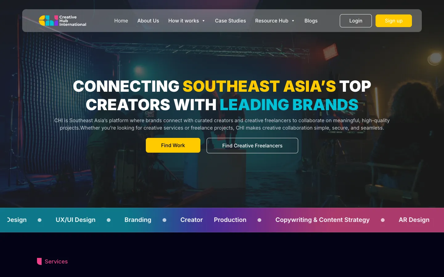 Creative Hub International website homepage on desktop