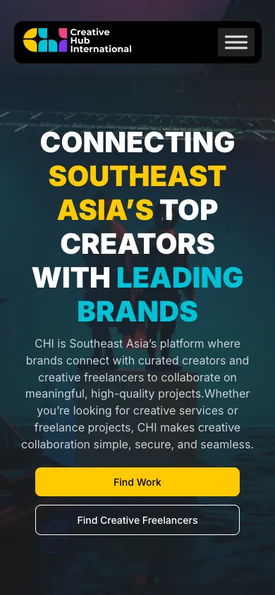 Creative Hub International website homepage on mobile