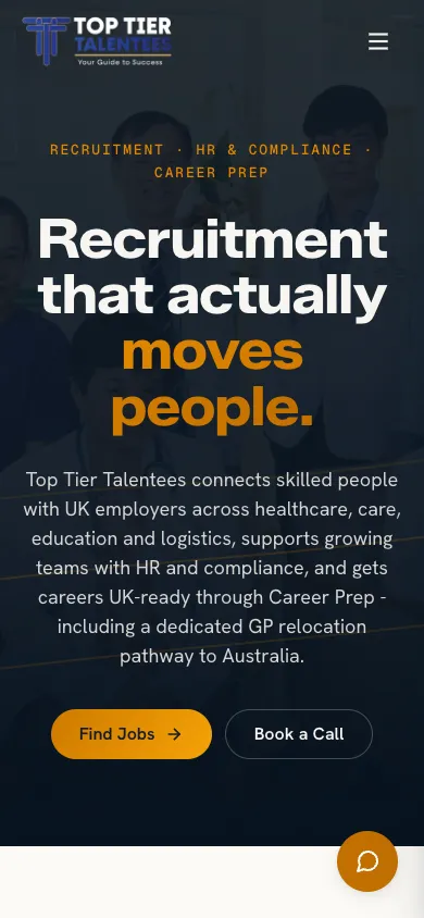 Top Tier Talentees website homepage on mobile