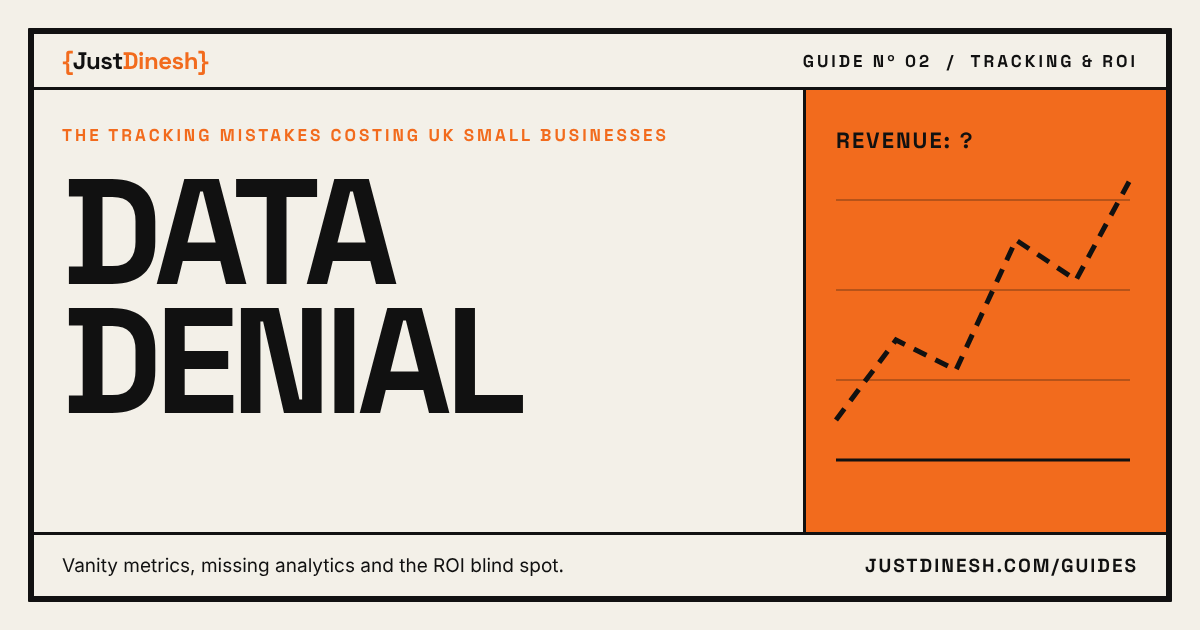 Data Denial guide thumbnail in a bold editorial layout with an orange panel showing a dashed line graph labelled Revenue: ?