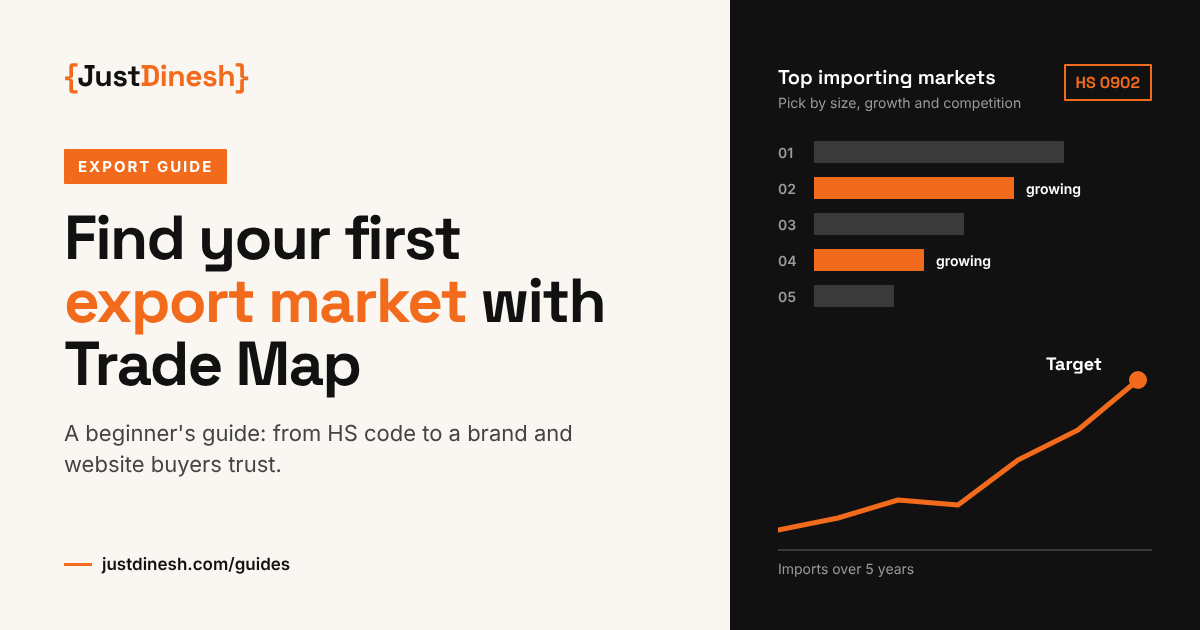 Find your first export market with Trade Map: guide thumbnail with ranked importing markets and a rising imports line graph